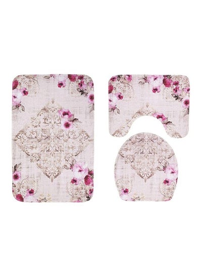 Buy 3-Piece Floral Printed Bath Mat Set Beige/Pink in Saudi Arabia