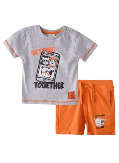 Buy Baby Boys 2 piece Set - T-Shirts & Shorts - Grey and Orange (100% Cotton)- VJ in UAE