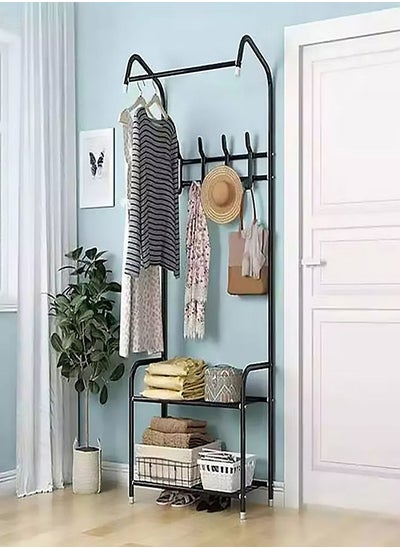 Buy Multifunctional Shoe and Coat Rack with 2 Storage Mesh Shelves Hanging Bar and 4 Hooks Black in Saudi Arabia