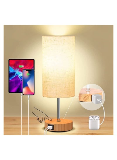 Buy Table Lamp for Bedroom, Wood Nightstand Lamp with Fabric Shade, Bedside Lamp with USB A+C Ports &AC Outlets, 3 Way Dimmable Touch Lamp, Bedroom Lamps for Living Room,Home,Office, LED Bulb Included in Saudi Arabia