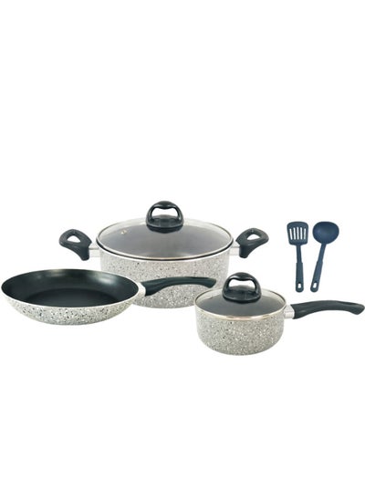 Buy 7-Piece Cookware Set Non-Stick Aluminum With Tempered Glass Lid & Heat Resistant Handle Size 16,24,24CM Grey in Saudi Arabia