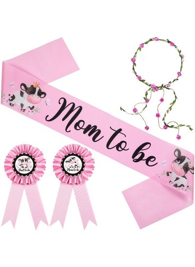 اشتري Cow Theme Pink Mom To Be Sash Baby Shower Dad To Be Pin And Flower Crown Headband For Gender Reveals Party Baby Shower Party Decorations For Boys And Girls Pregnancy Props Keepsake Gift في الامارات