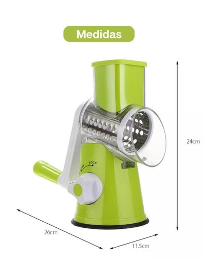 Buy Multi-Function Rotary Cheese Vegetable Cutter Grater Handheld Shredder Manual Grinder with Strong 3 Interchangeable Stainless-Steel Blades Kitchen Tool Slicer Rubber Included Mandoline Vegetable Fruit in UAE