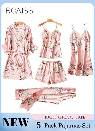 Buy 5-Pack Women's Sleepwear Set Sling Lace Nightdress Sweet Pajama Home Wearing Clothes Loungewear Suits Floral Printing Ladies Nightwear Lingerie Robe Underwear Shorts Summer Spring in UAE