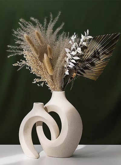 Buy 2-Piece set Porcelain Flower Vase Creative Geometric Design Vases Ceramic Off-white in UAE