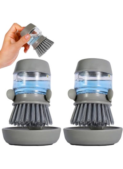 Buy Dish Scrub Brush with Soap Dispenser and Drip Tray - Durable Palm Scrub Brush for Dish, Pot, Pan, and Sink Cleaning - Ergonomic Kitchen Scrubber with Storage Stand in UAE