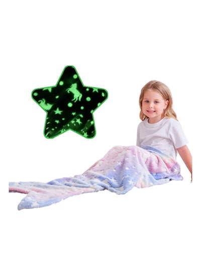 اشتري SYOSI Mermaid Tail Blanket, Glow in The Dark, Super Soft Plush Flannel Sleeping Bag, Star and Unicorn Design Snuggle Blanket, for Girls Age 1-10 في الامارات