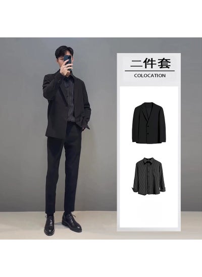 اشتري Casual Suit Set DK Style Unisex Blazer School Outfit Black suit + black striped shirt في الامارات