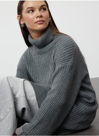 Buy Anthracite Ribbed Basic Knitwear Sweater TCTAW25AK00009 in Egypt