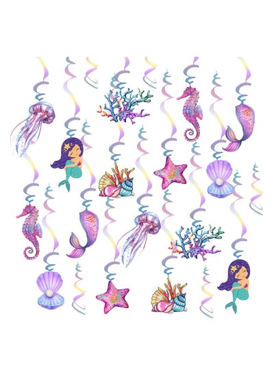 اشتري Mermaid Hanging Swirl Decorations 20 PCS Double Sided Print Mermaid Themed Foil Swirls Dangling Ceiling Streamers Wall Decals for Kids Girls Birthday Baby Shower Under the Sea Party Supplies في الامارات