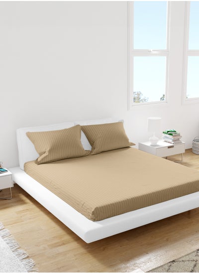 Buy King Striped Fitted Sheet with 2 Pillow Case 200 x 200 Cm Beige in UAE