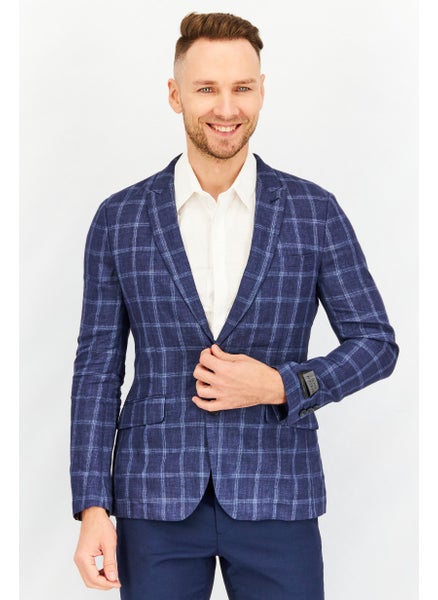 Buy Men Slim Fit Linen Check Blazer Jacket, Dark Blue in UAE