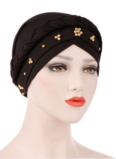 Buy Black Spring Autumn Turban Cap Women Wrap Beaded Braid Turban Islamic Muslim Fashion Moisture Wicking Hijab for Women Girls in Saudi Arabia