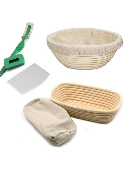 Buy Bread Proofing Basket Set - Handmade 9 Inch Round & 10 Inch Oval for Dough Rising Fermentation Baking with Dough Scraper Linen Liner Cloth Bread Lame in UAE