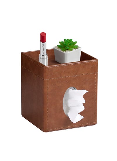 اشتري Tissue Box Cover, PU Leather Square Tissue Box Holder with Storage Valet Tray, Decorative Tissue Holders, Modern Tissues Case Napkin Dispenser Facial Paper Organizer for Bathroom Vanity, Brown في الامارات