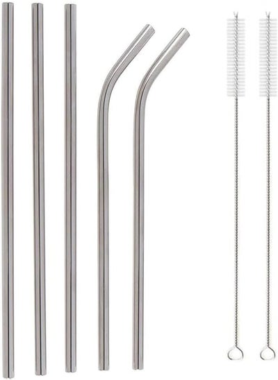 Buy Large Stainless Steel Drinking Straws with Brushes (2 Curved + 3 Straight + 2 Brushes) in Egypt