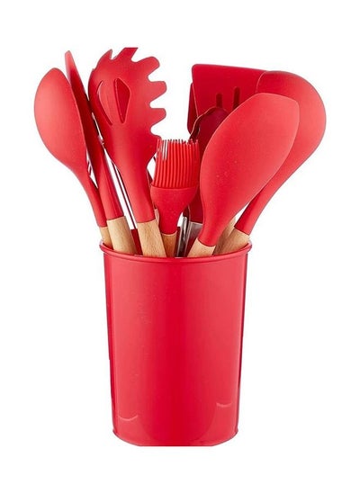 Buy 11- Piece Wooden Handle Non Stick Cookware Spoon Set Red in Egypt