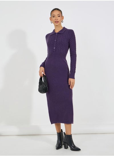 Buy Textured Cable Knit Collared Midi Dress in Saudi Arabia