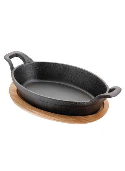 Buy Cast Iron Mini Oval Skillet with Wooden Sizzler Plate 18cm in UAE