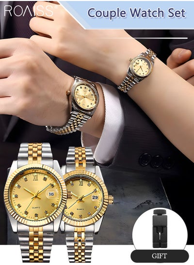 Buy Stainless Steel Strap Couple Quartz Watch Set, Analog Display Round Dial with Rhinestones Decoration, Luxurious Luminous Waterproof Calendar Watch Gift for Men Women, Gold Silver in UAE