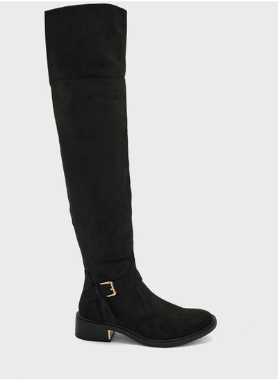 اشتري Black Faux Suede Buckle Down Collar Long Boots في السعودية