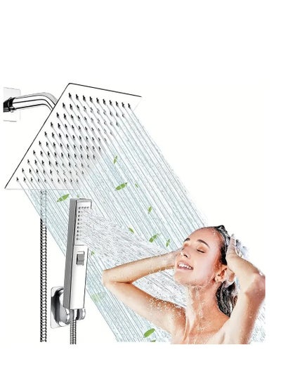 اشتري High Pressure Square Rain Shower Head and Two-in-One Hand Shower.Equipped with 78"Hose,3 Way Diverter Valve,Adhesive Shower Head Holder في الامارات