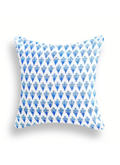 Buy Premium Organic Cotton Non-Allergenic Quilted Hand Block Printed Cushion Cover 40 Cm X 40 Cm Indigo And White in UAE