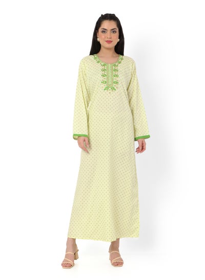 Buy FLORAL FRONT NECK EMBROIDERED WITH PRINTED GREEN COLOUR ARABIC KAFTAN JALABIYA DRESS in Saudi Arabia