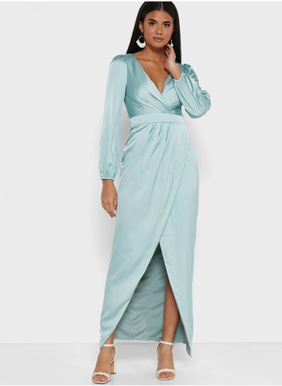 Buy Wide Sleeve Plunge Neck Dress in UAE