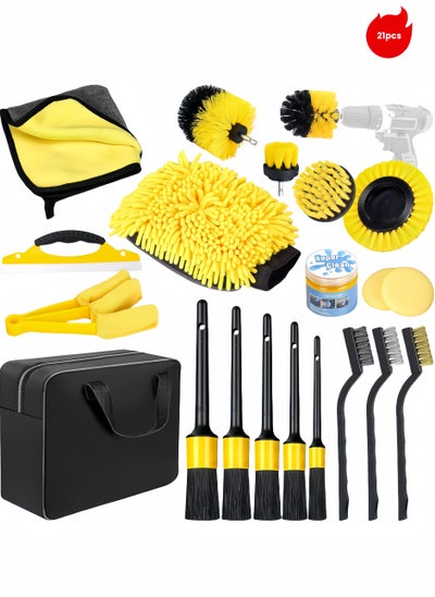 Buy 21-Piece Car Cleaning Brush Set Electric Drill Brush Set Car Wash Exhaust Vent Air Conditioning Brush Car Wheel Cleaning Brush With Storage Bag in Saudi Arabia