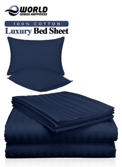 Buy 3 Piece Luxury Navy Blue Striped Bed Sheet Set with 1 Flat Sheet and 2 Pillowcases for Hotel and Home Crafted from Ultra Soft and Breathable Cotton for Year-Round Comfort, (Single/Double) in UAE