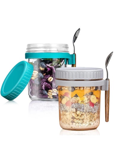 اشتري 2Pack 10Oz Overnight Oat Container with Lid and Spoon,  Glass  Overnight Oats Jars, Container with Measurement Marks, Portable Large Capacity في الامارات