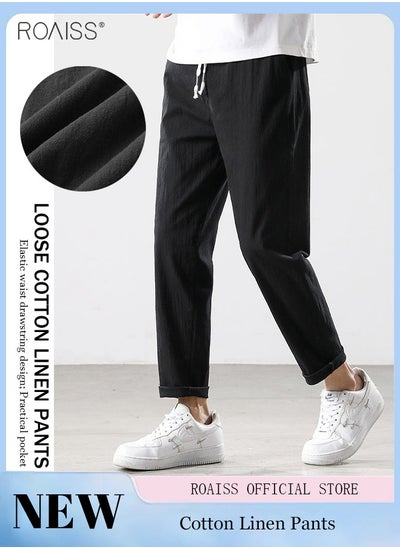 Buy Men's Linen Loose Wide Leg Pants Summer Lightweight Sweat-Absorbing Casual Pants Elastic Waist Drawstring Design Sunscreen Pants in UAE