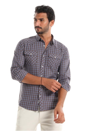 اشتري Plaid Button Down Shirt - Brown, Navy & White في مصر