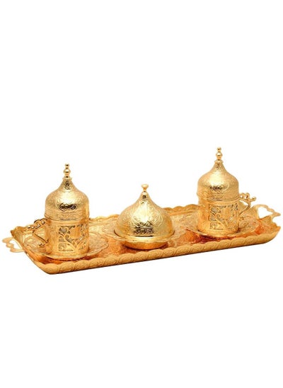 Buy Turkish, Greek, and Arabic Coffee Serving Set for Two – Includes 2 Glass Cups, Rectangular Tray, Cup Holders, Lids, Saucers, Sugar Bowl with Lid of Copper – Antique Gold Finish, Crafted in Türkiye in Saudi Arabia