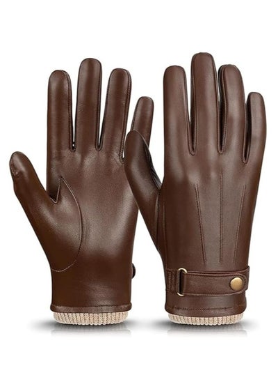 Buy Men's Winter Warm Touchscreen Leather Gloves Adjustable Thermal Driving PU Leather Gloves (L) in UAE