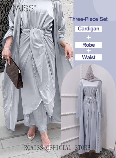 اشتري 3 Pcs of Women's Clothes Set Solid Color Abaya for Women Ramadan Eid al-Adha Gift for Laides Wife Mother Cardigan Robe and Satin Dress and Waist Scarf في السعودية