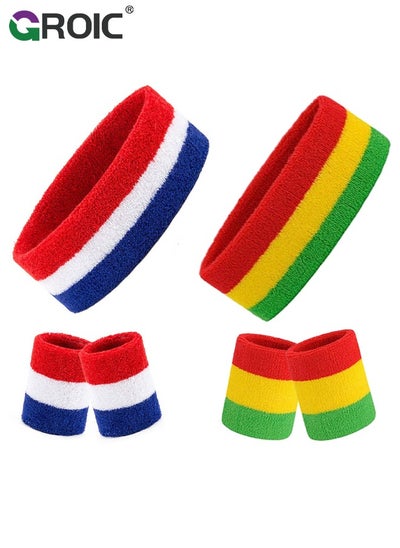 Buy Sweatbands Set, 6pcs Sport Striped Sweatband Set-2 Headband and 4 Wristbands, GROIC Nonslip Cotton Sports Sweat Band for Fitness/ Skateboard/ Running/ Badminton Ball Games, Gift for Men,Women,Trainer in UAE