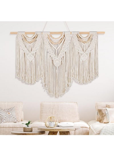 Buy 43" X 32" Large Macrame Wall Hanging With Rod Boho Decor Woven Tapestry Wall Art Bohemian Decor Tassel And Wood Bead Macrame Curtains For Home Living Room Bedroom Wedding Apartment Decoration in UAE