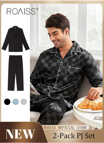 Buy 2-Piece Set Men's Long Sleeves Sleepwear Sets Satin Checked Printing Sleepwear Pajamas Pants Silk Nightgown Male Loose Shirts Spring Summer Loungewear Home Clothes in Saudi Arabia