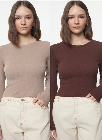 اشتري Brown-Beige 2 Pack Fitted Crew Neck Ribbed Crop Stretchy Knitted Blouse TWOAW22BZ0331 في مصر