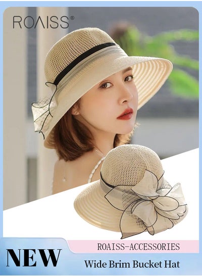 Buy Women's Wide Brim Bucket Hat, Lightweight Breathable UV Protection Sun Hat with Flower Decoration, Suitable for Summer Beach Outdoor in Saudi Arabia