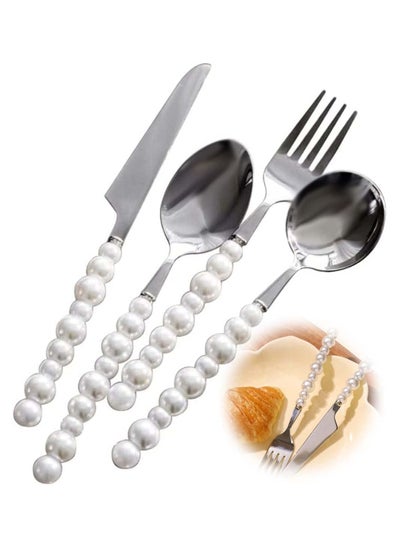 Buy Silverware Set 4 Piece Stainless Steel Utenslis Flatware Cutlery Set Include Forks Spoons Knives Utensils Tableware Sets with ABS Imitation Pearl Handles for Home Kitchen Restaurant Hotel in UAE