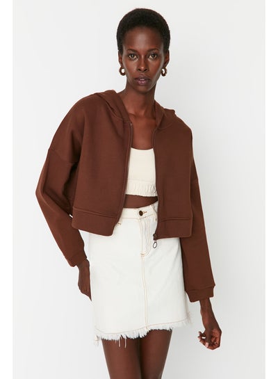 Buy Brown with Zipper Hoodie, Relaxed-Cut Crop, Fleece Inside Knitted Sweatshirt TWOAW20SW0660. in Egypt