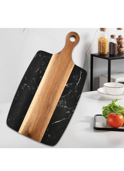 Buy Cutting Board With Handle,Wooden Chopping Board With Marble And Natural Wood,Serving Board For Steak Fruits Bread,Black in Saudi Arabia