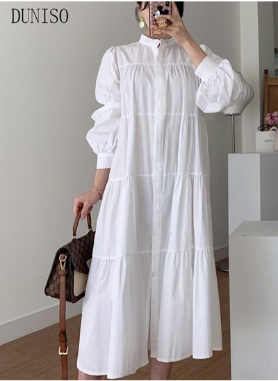 اشتري Women Elegant Casual Summer Spring Button Down Front Long Sleeve Maxi Dress Long Cardigan Cover Ups Flounce Shirt Dresses في السعودية