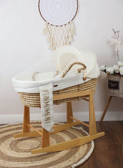 Buy Moses basket, off-white color baby cradle, with rocking stand in Saudi Arabia