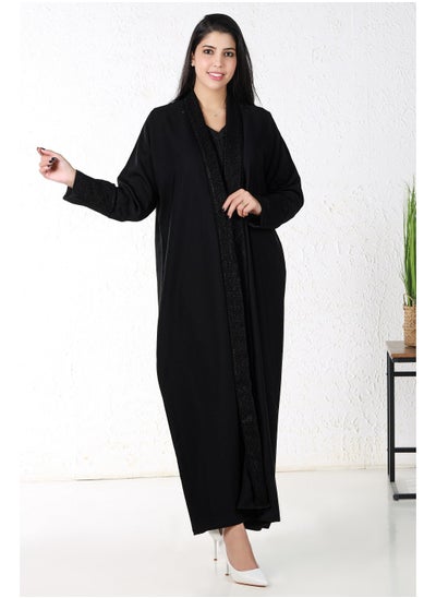 Buy Black abaya with fabric on the collar and sleeves in Saudi Arabia