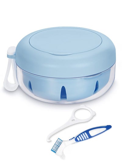 Buy Leak Proof Denture Cup Kit Portable Retainer Case with Denture Brush, Strainer, Removal Tool and Mirror（Blue) in Saudi Arabia