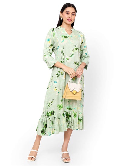 اشتري SHORT FLORAL PRINT SEMI COLLARED LIGHT GREEN COLOUR ARABIC KAFTAN JALABIYA DRESS في السعودية